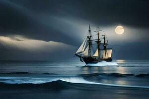 en segling fartyg i de hav under en full måne. ai-genererad foto