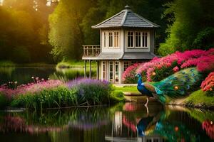 skön påfågel i de trädgård med en hus och blommor. ai-genererad foto