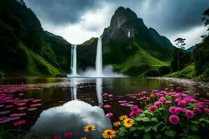 de vattenfall är reflekterad i de vatten och blommor är i de förgrund. ai-genererad foto
