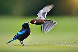 två fåglar är stridande över en små fågel. ai-genererad foto