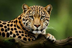 en leopard är Sammanträde på en gren i de vild. ai-genererad foto