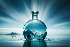 en flaska med en berg inuti Det. ai-genererad foto