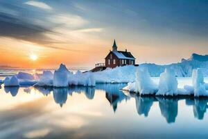 en kyrka är reflekterad i de vatten på solnedgång. ai-genererad foto