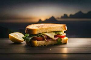 en smörgås med ost, skinka och tomater på en trä- tabell. ai-genererad foto
