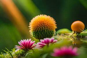 Foto tapet, blommor, de Sol, de grön, de vatten, de blommor, de grön. ai-genererad