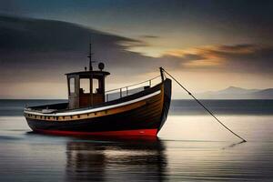 en båt är flytande i de vatten på solnedgång. ai-genererad foto