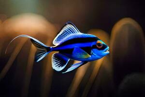 en blå och svart fisk simning i de mörk. ai-genererad foto