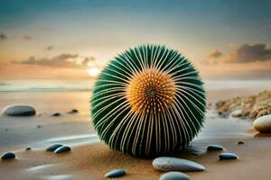 en kaktus på de strand med stenar och småsten. ai-genererad foto