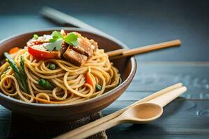 kinesisk spaghetti i en skål med ätpinnar. ai-genererad foto