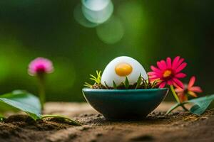 ett ägg i en skål med blommor och gräs. ai-genererad foto