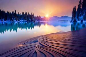 de Sol stiger över en sjö och skog. ai-genererad foto