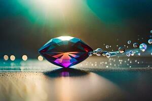 en diamant är flytande i de luft med bubblor. ai-genererad foto