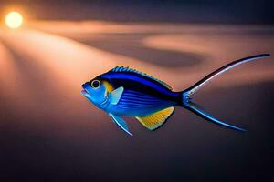 en blå och gul fisk är flygande i de luft. ai-genererad foto