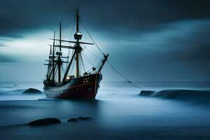 en segling fartyg i de hav på natt. ai-genererad foto