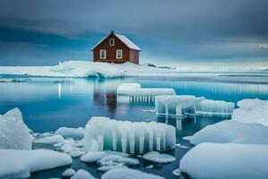 en röd hus sitter på de kant av ett isberg. ai-genererad foto