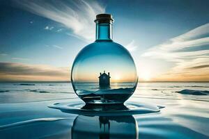 en flaska med en slott i den på de vatten. ai-genererad foto