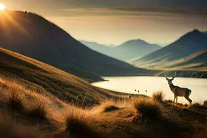 en rådjur står på en kulle utsikt en sjö och berg. ai-genererad foto