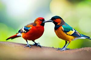 två färgrik fåglar är stående på en gren. ai-genererad foto