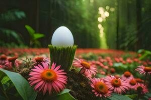 en vit ägg är Sammanträde i de mitten av en fält av blommor. ai-genererad foto