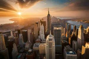 de Sol stiger över ny york stad. ai-genererad foto