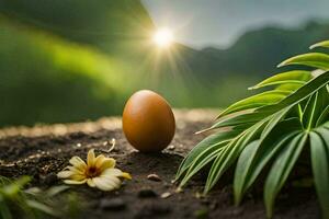 ett ägg är Sammanträde på de jord i främre av en växt. ai-genererad foto