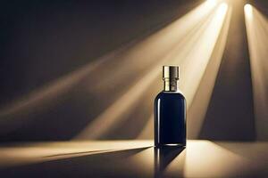 en flaska av parfym är visad i de ljus. ai-genererad foto