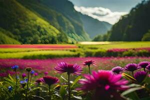 blommor i en fält med bergen i de bakgrund. ai-genererad foto