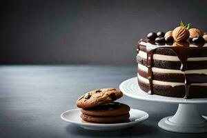 en choklad kaka med småkakor och nötter på en tallrik. ai-genererad foto