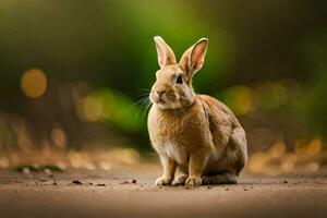 en kanin Sammanträde på de jord i främre av en suddigt bakgrund. ai-genererad foto