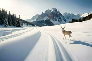 en rådjur står i de snö i främre av berg. ai-genererad foto