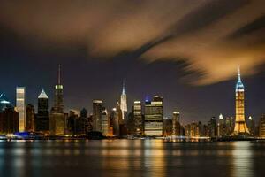 de horisont av ny york stad på natt. ai-genererad foto