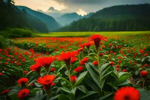 Foto tapet de himmel, blommor, berg, de fält, de blommor, de fält, de. ai-genererad