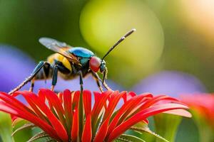 en bi på en röd blomma med en suddigt bakgrund. ai-genererad foto