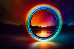 en färgrik cirkel med en regnbåge ljus lysande genom Det. ai-genererad foto