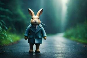 en kanin i en kostym stående på en väg. ai-genererad foto