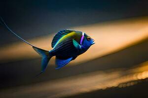 en fisk med en blå och gul kropp. ai-genererad foto