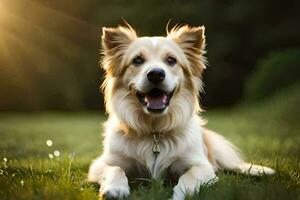 en hund Sammanträde i de gräs med de Sol lysande. ai-genererad foto