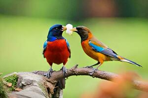 två färgrik fåglar äter en bit av frukt. ai-genererad foto