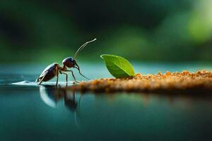 en små myra gående på de sand med löv. ai-genererad foto