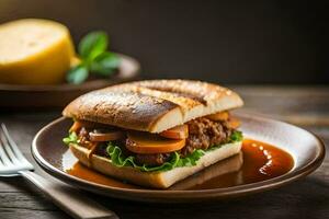 en smörgås med kött och sås på en tallrik. ai-genererad foto