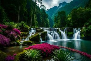 skön vattenfall i thailand med blommor och växter. ai-genererad foto