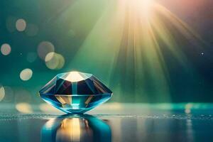 en diamant på en tabell med en ljus ljus. ai-genererad foto