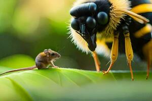 en bi och en mus är stående på en blad. ai-genererad foto