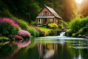 en små hus sitter på en små damm omgiven förbi frodig grön vegetation. ai-genererad foto