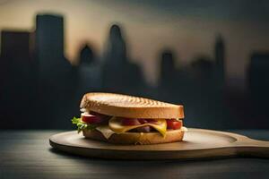 en smörgås sitter på en trä- styrelse med en stadsbild i de bakgrund. ai-genererad foto