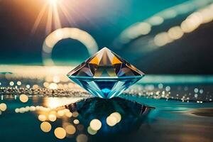en diamant är Sammanträde på de vatten med lampor lysande. ai-genererad foto