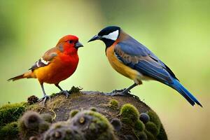 två färgrik fåglar stående på en mossiga gren. ai-genererad foto