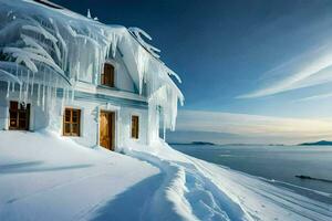 en hus täckt i is och snö. ai-genererad foto