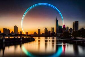 en cirkulär ringa i de mitten av en stad på solnedgång. ai-genererad foto