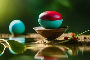 två färgrik ägg sitta på en trä- skål i de vatten. ai-genererad foto